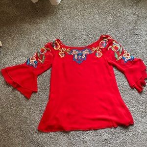 Red Embroidered Blouse with Trumpet Sleeves